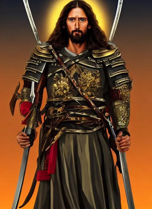 Prompt: Portrait of {Jesus Christ and army of samurai saints marching towards Satan's cyberpunk ninjas} with {color} hair and with glorious face, full body armor, swords and divine power {background}, perfect composition, hyperrealistic, super detailed, 8k, high quality, trending art, trending on artstation, sharp focus, studio photo, intricate details, highly detailed, by greg rutkowski