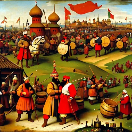 Prompt: Oil painting on panel of a yearly festival with drinking and festivities and a Polish lajkonik a bearded man resembling a Tatar in a characteristic pointed hat, dressed in Mongol attire, with a wooden horse around his waist hobby horse as the center in the style of pieter bruegel 