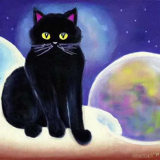Prompt: Fluffy black cat sitting on the moon dreamy painting