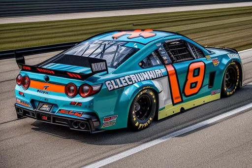 Prompt: Next Gen Nascar stock car, spoiler on trunk, blue and orange color scheme