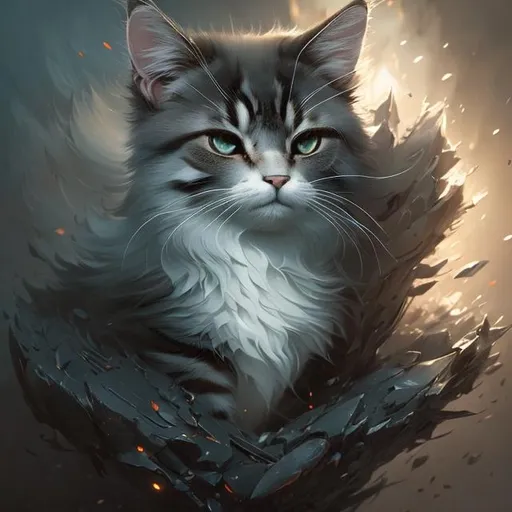 Prompt: Kawaii Cat, digital painting, highly detailed, artstation, concept art, smooth, sharp focus, illustration, art by artgerm and greg rutkowski. Dramatic lighting intense traumatic 3D ultra 4K HD hyperrealistic