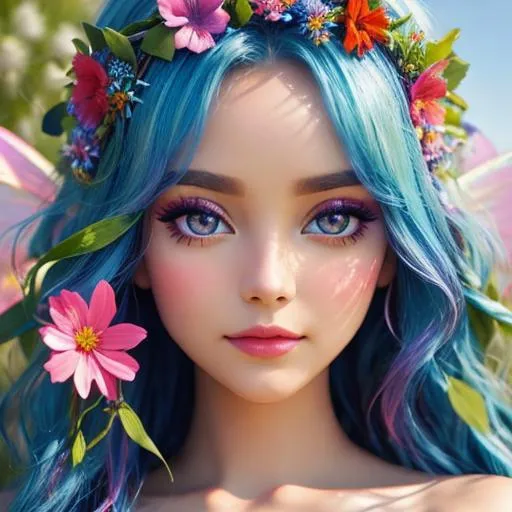 Prompt: Fairy goddess of summer, vivid colors,large eyes, warm coiors, wildflowers, closeup