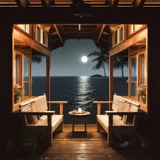 Prompt: The dark sea is bathed in the white moonlight, the sky is night but the moonlight is very bright. On the right side of the scene is the sea and the beach, while on the left side stands a two-floor wooden house by the sea. The house has a porch with two wooden chairs and a wooden table. On the table, there is a glass vase with roses. The exterior of the second-floor wooden house is covered with roses, and warm orange candlelight shines through the windows. There is a small box for flower arrangements on the front door of the ground floor of the wooden house. Behind the wooden house, in the distant background, are dense woods. The perspective is from the outside.The vibe is romantic. The ocean dominates more of the scene than the house. Makes me can feel the wind breeze. Whole house is surrounded by roses!
