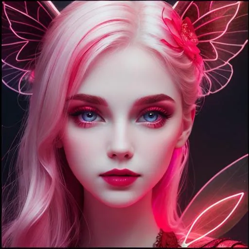 Prompt: fairy with pale skin. ,neon red colors,
 closeup