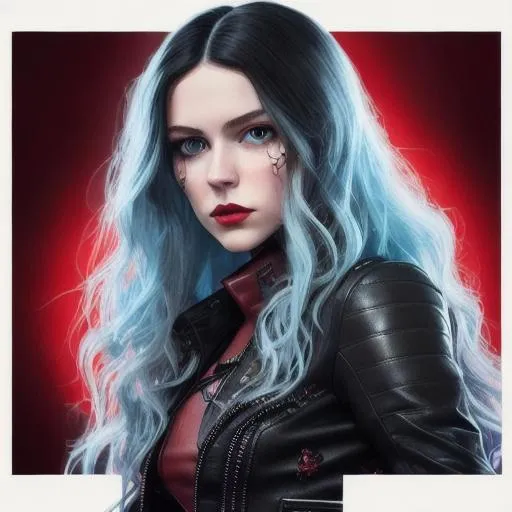 Prompt: young woman, long wavy black hair, light blue eyes, berry lipstick, red leather jacket, black body suit, black pants, knee-high black boots, 3D, fine-tuned, hyper-realistic, intricately detailed, detailed face, 16K, realistic, movie poster