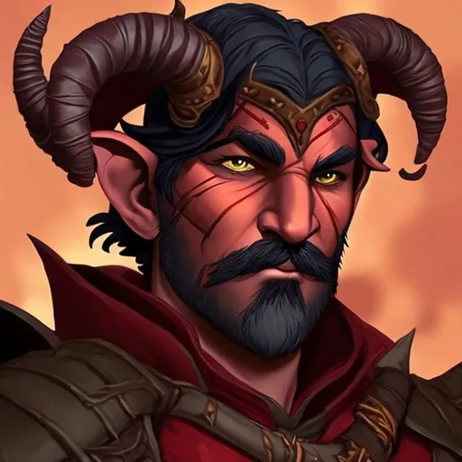 Prompt: d&d character, tiefling male, black hair,red skin, leather armor, beard and mustache,two horns,not old

