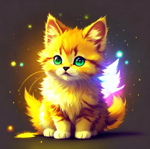 Prompt: Cute, yellow, fluffy, fantasy light kitten, with lighting, yellow eyes, yellow fur, and possessing the element of space and making circles of lighting stripes
 move around in the air in a magical way, in a space background. Perfect features, extremely detailed, realistic. Krenz Cushart + loish +gaston bussiere +craig mullins, j. c. leyendecker +Artgerm.