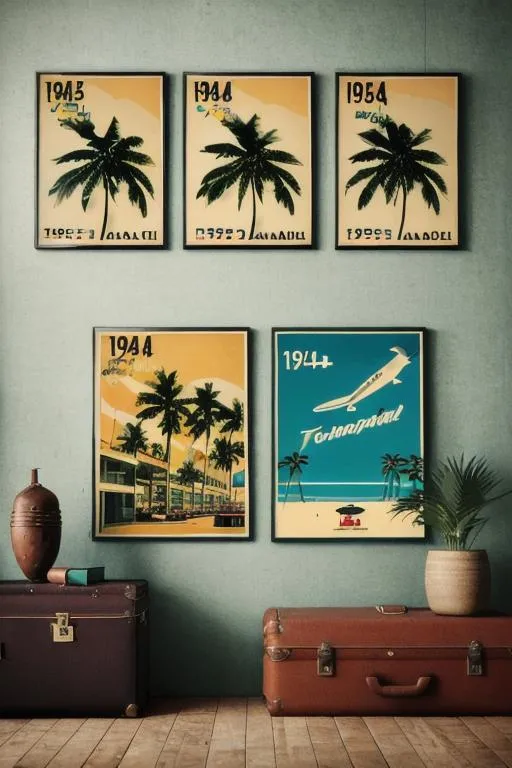 Prompt: 1940s busy tropical airport with palm trees. Vintage suitcases. Vintage travel posters on wall. Cinematic lighting. Abstract style.