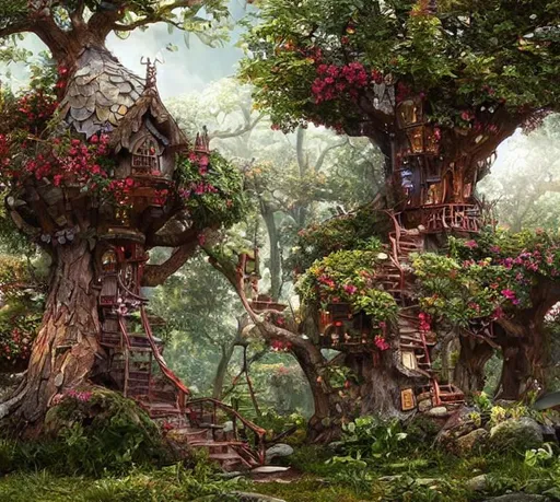 Prompt: a fairy tree house, highly detailed, intricate, hypermaximalist, hyper realistic, super detailed, 32k, digital art, octane render, cinematic lights,