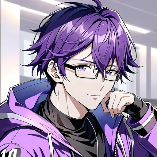 Prompt: HD, 4K, UHD, WhatsApp Profile Picture, 1:1, handsome anime guy with glasses, purple hair, cyberpunk style, The background Plain white walls.