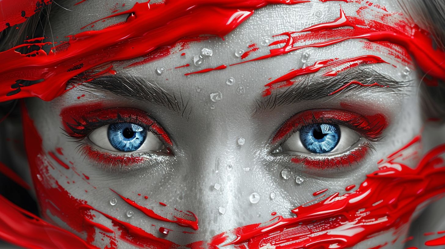 Prompt: Create a visually striking image of a female face with a dramatic contrast in coloration. The skin should be rendered in grayscale tones, giving the appearance of a monochromatic look. The eyes are to be a deep, vivid blue, providing a bold contrast against the neutral skin. Instead of makeup, there should be dynamic splashes of red paint streaking across the face and forehead, as if in mid-motion, with some droplets appearing to be in the air. These splashes of paint create an abstract and modern art effect. The overall quality of the image should be sharp and graphic, emphasizing the vivid red against the gray tones of the skin. The background should be minimalistic, perhaps with subtle red lines that echo the movement of the paint. The lower part of the image should feature a reflective surface that mirrors the face and the vibrant red streaks, adding to the surreal and artistic atmosphere of the image.