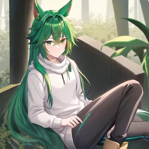 Prompt: Male. masculine build. human animatronic hybrid, with focused emerald eyes. Emerald colored feathery PEGASUS tail. Short dark Green ombre hair. horse ears. adult He wears grey comfy leggings, a white oversized sweater, brown boots. And a green scarf. Anime style. UHD, HD, 4K. In the forest. Broken leg