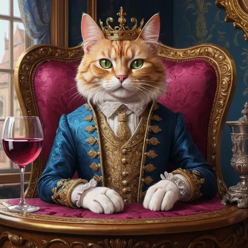 Prompt: a royal cat with a glass of wine in a boudoir, luxurious, vibrant, historic, intricate details, hyperdetailed, 4k, painting, trending on artstation