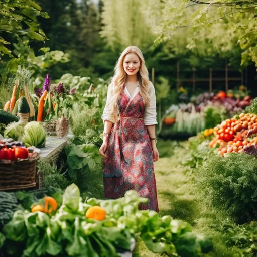 Prompt: 25 years old traditional dress Finnish blonde gathering vegetables in flourishing nature, vegetable garden, bloom, sunshine, waterfall, pond, magical forest, colorful flowers, blue sky, award winning photography