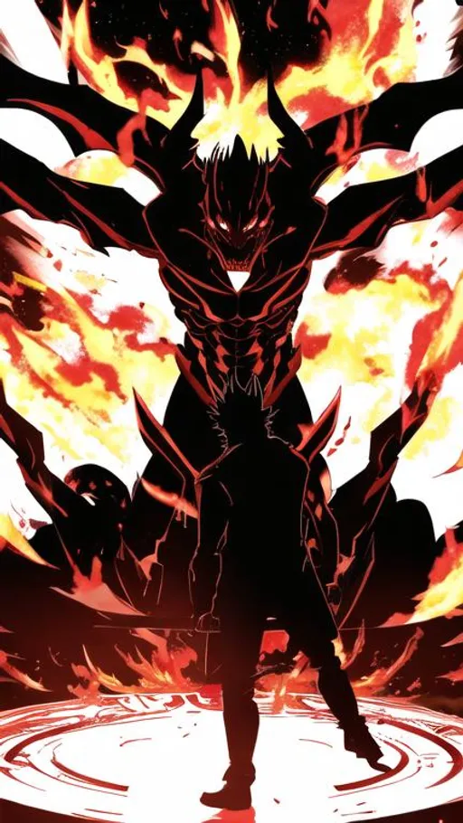 Prompt: Epic demon standing there menacingly. Covered in flames looking down on us centered on the page