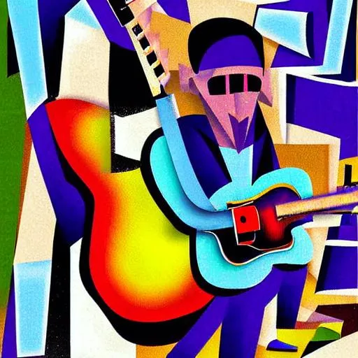 Prompt: Digital art cubist oil painting of a guitarist playing a guitar