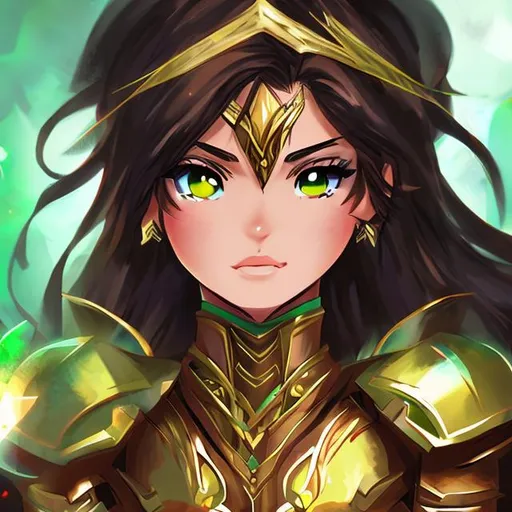 Prompt: Anime style fantasy brown eyes Latina woman fighter healer mage proportional  no hands focused small chest long black hair straight green and gold armor 