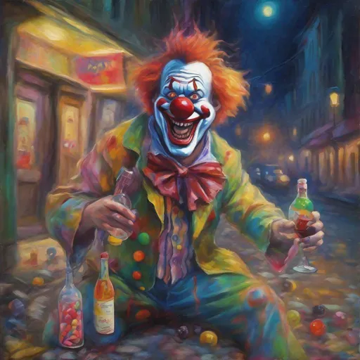 Prompt: Clown Boozin' BRUCE, drunk and disheveled clown staggering in the street at night with a booze bottle in his hand and hallucinating candy-colored animals, Masterpiece, Best Quality, in monet art style