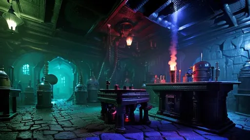 Prompt: Interior of D&D Evil Alchemist's Underground Research Lab in Dungeon,  Dark Sci-fi Fantasy,  lots of flasks filled with magic liquids in old room, very dark underground dusty old laboratory with equipment, scary black and cyan dark color scheme, narrative environment concept art scene, mysterious atmosphere, dim volumetric cinematic, 8 k octane detailed render, post - processing, masterpiece, cryengine render 8 k uhd