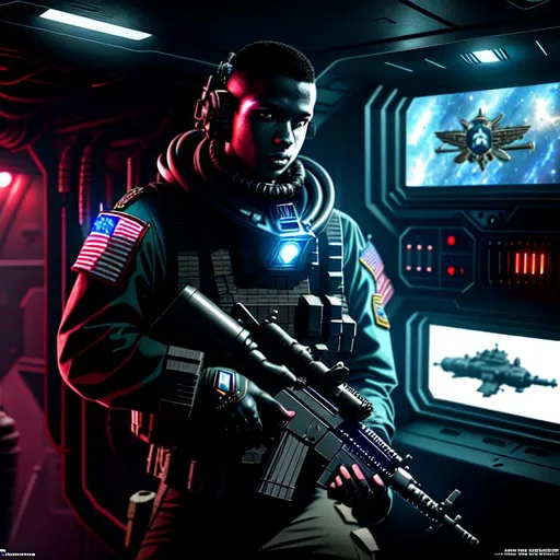 Prompt: United States Colonial Marine Corps on the USS Sulaco, middle of SPACE, cyberpunk lights, Hyper Detail, Octane, Unreal