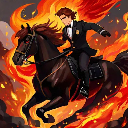 Prompt: Caleb  as a police officer (brown hair) (brown eyes) wearing a tuxedo, full body, riding a (black coated demon horse, glowing red eyes, firey mane, and tail) running through hell, rearing up on its hind legs