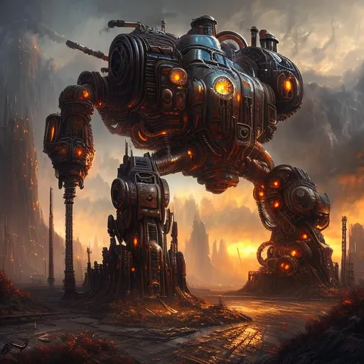 Prompt: Fantasy art style, painting, metal, chrome, Evil, redwood tree, biological mechanical, dystopian, war machine, pipes, robot, cityscape 