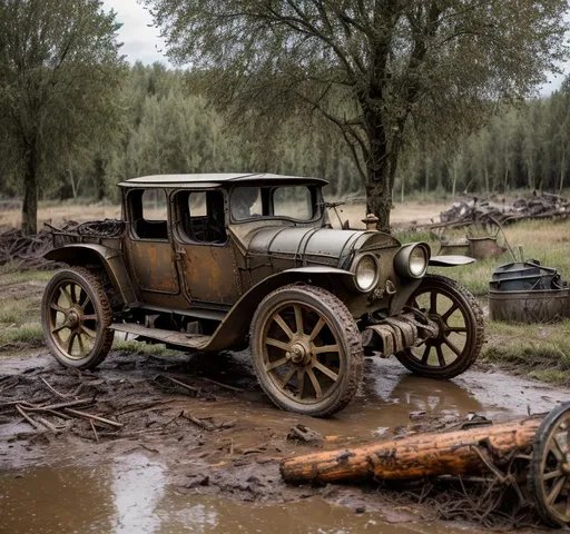 Prompt: A battered steampunk war carriage on the battlefields of ww1. barbed wire, trenches, dead soldiers and horses litter the muddy and destroyed terrain. Burned tree stumps smoilder in the background.