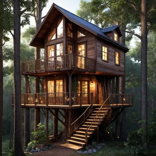 Prompt: Treehouse tiny home in the forest, large tree trunks as support, stairs ascending towards the grand entrance, treetop canopy balcony, natural materials, high quality, realistic rendering, warm earthy tones, soft natural lighting, detailed textures, serene atmosphere, cozy and inviting, forest dwelling, tiny house, cabin, large windows, rustic, wooden architecture, immersive natural setting