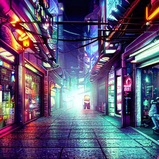 Prompt: cyberpunk city alley shops at night, ultrafine highly detailed hyper colorful illustration, sharp focus, unreal engine highly rendered, global illumination, radiant light, subtle light fog