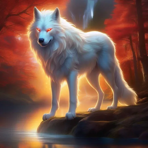 Prompt: Insanely beautiful (canine quadruped) that is glowing, thick pearl-white fur, billowing golden mane, on two legs, translucent, luminescent, illusion, glistening fiery mane, glows like the sun, flaming red eyes, majestic wolf face, energetic fox, in a magical forest near a lake, sunrise, beneath the stars, crystal lake, waterfall, bioluminescent, highres, best quality, concept art, epic digital art, intricately detailed, cinematic, 8k eyes, highly detailed eyes, highly detailed, 64k, vibrant, UHD, professional