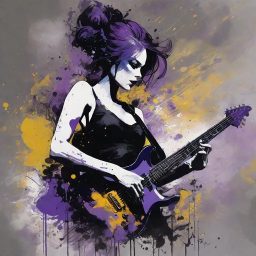 Prompt: calligraphy smoke inking, dripping black, purple and gold paint, Portrait of an gothic and beautiful girl playing an electric guitar art by Jean giraud, Conrad Roset, Enki Bilal, Chris Bachalo, Benedick Bana, William burroughs, Intricate, tattered rags, artgerm, peter mohrbacher, Shozo Shimamoto, kevin oneill, frazetta, beksinski frank miller lee bermejo Marc Simonetti egon schiele Joaquín Sorolla Simon Stalenhagmat brown Matti Suuronen Jeffrey Larson druillet Tom Thomson Ross Tran James Turrell Van Gogh Rembrandt Louis Wain