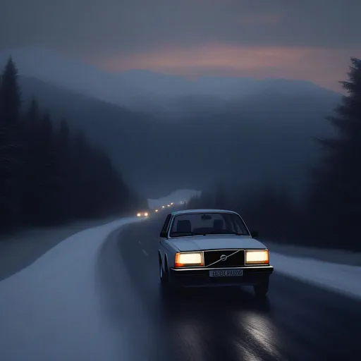 Prompt: dusk, carpathian mountains, road,  dark, snowing, volvo 240 drifting, 4k, photorealistic