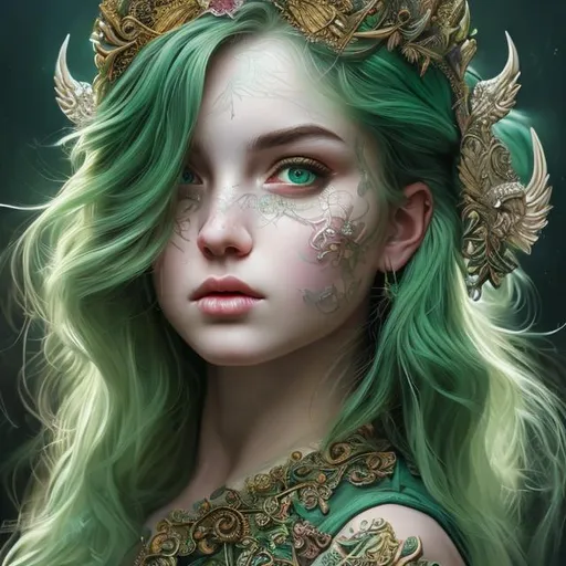 Prompt: girl, cute, beautiful face, goddess, green hair colour, extremely detailed, uhd, oil painting, intricate details, perfect composition, super detailed, sharp focus