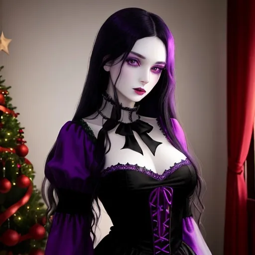 Prompt: Woman with pale skin, purple eyes, long black hair with purple tint, in gothic fashion dress with Christmas colors, should have background Christmas tree with ghosts hidden in the background 