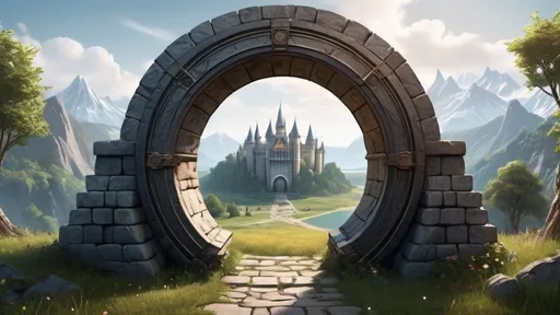 Prompt: circular portal, gateway between cities realms worlds kingdoms castles, ring standing on edge, freestanding ring, complete ring, panoramic view