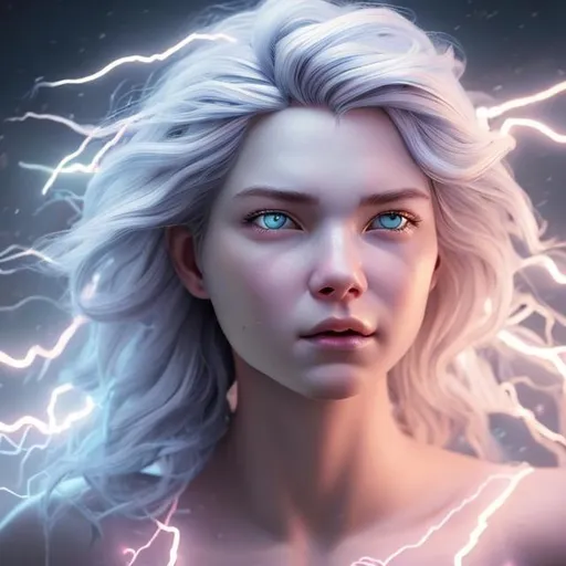 Prompt: Goddess of lightning hyper realistic face features white hair and blue eyes of electricity. 



