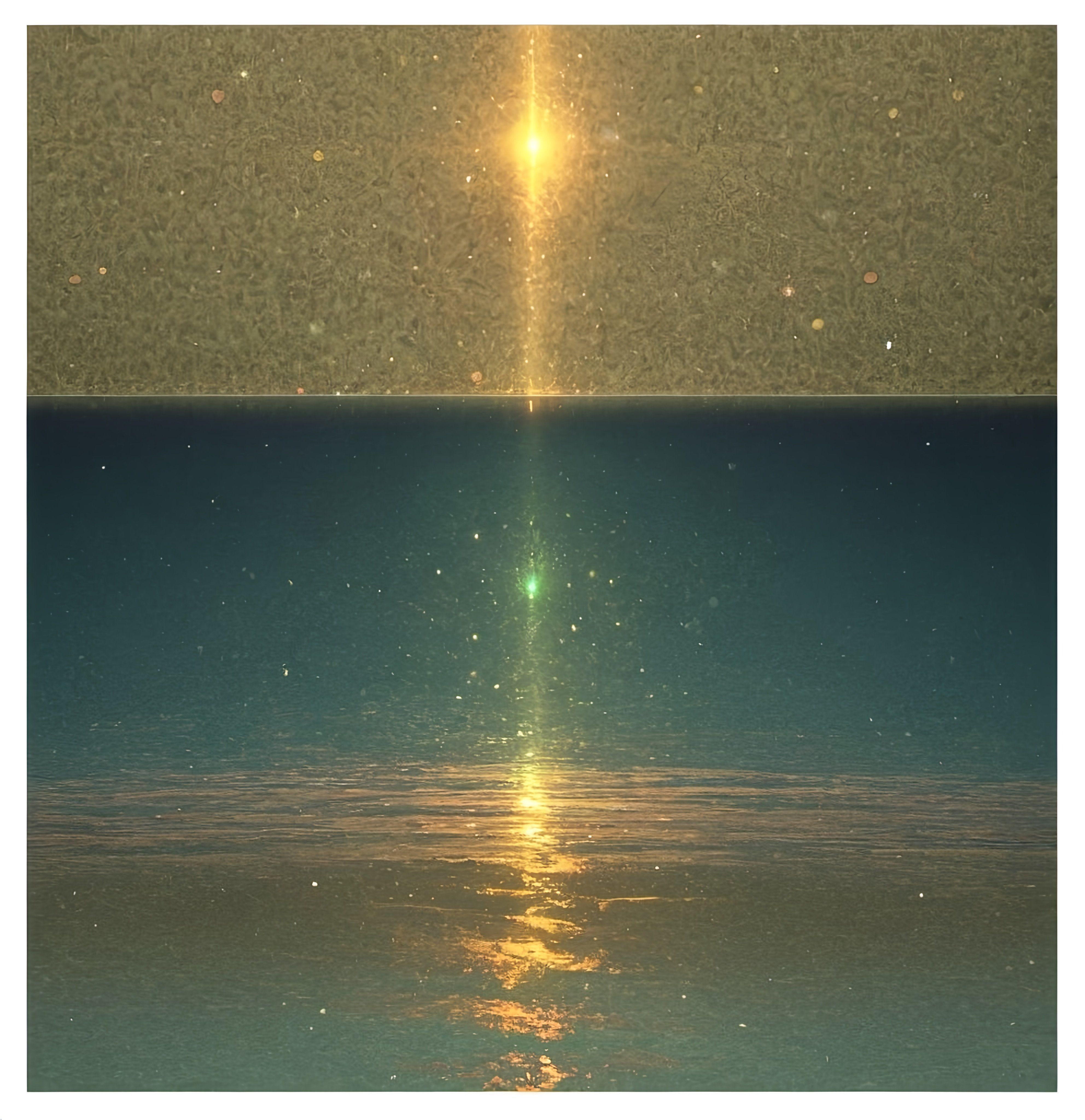 Prompt: a bright light shines brightly over the water in the ocean, with a reflection of the sun in the water