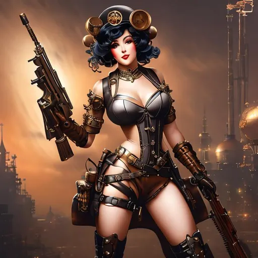 Prompt: Splash art, 1890s pinup style. A complete body form of a stunningly beautiful, Steampunk-style humanoid robot, a radio antenna attached to her head, armed with a rifle. Masterpiece, Best Quality, detailed, realistic.