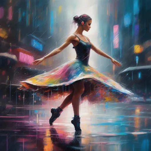 Prompt: A colourful and beautiful cyberpunk ballerina in a flowing cyberpunk dress dancing in the rain in a cyberpunk world in a painted impressionistic style
