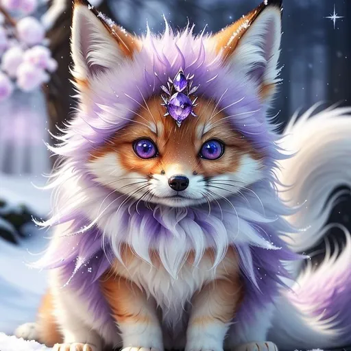 Prompt: remove paw, remove text, (masterpiece, professional oil painting, epic digital art, best quality:1.5), insanely beautiful tiny ((fox kit)), (canine quadruped), ice elemental, silky silver-lilac fur covered in frost, timid, ((insanely detailed alert amethyst eyes, sharp focus eyes)), gorgeous 8k eyes, fluffy silver neck ruff covered in frost, two tails, (plump), fluffy chest, enchanted, magical, finely detailed fur, hyper detailed fur, (soft silky insanely detailed fur), presenting magical jewel, moonlight beaming through clouds, lying in frosted meadow, grassy field covered in frost, cool colors, professional, symmetric, golden ratio, unreal engine, depth, volumetric lighting, rich oil medium, (brilliant auroras), (ice storm), full body focus, beautifully detailed background, cinematic, 64K, UHD, intricate detail, high quality, high detail, masterpiece, intricate facial detail, high quality, detailed face, intricate quality, intricate eye detail, highly detailed, high resolution scan, intricate detailed, highly detailed face, very detailed, high resolution