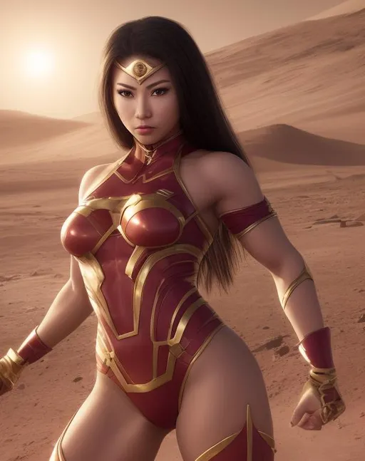 Prompt: photograph of beautiful Asian female super hero that is very muscular and is located on mars fighting aliens 