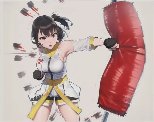 Prompt: punching bag punching, high quality, punching bag,Best quality, tall girl, (punching bag:1.2), master piece, leggings , muscle, blood, punching bag, latex ,ultra detailed, realistic, 4k, fight punching, open finger gloves ,anime style,punching fighting, beauty girl, pretty ,detailed face, punching bag smash 