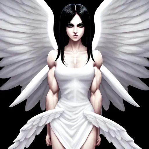 Prompt: Illustration of a strong Angel girl, with muscles, white dress, black hair, pale skin, black eyes, with wings, HD, by Tim Burton