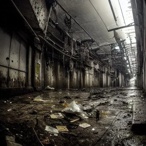 Prompt: world of creepy sewers, underground, dark, mossy, wet, dripping, technical shaft, rats, debris, trash,  wide angle, assymetric composition, post apocalyptic, overgrown,