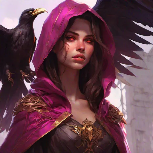 Prompt: young girl with glowing fuchsia eyes, brown mahogany hair, sharp teeth behind pouting lips, light cloak with golden filigree, ravens, concept art, epic lighting, finely-tuned, octane rendering