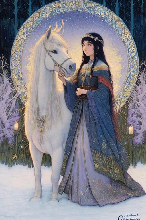 Prompt: Inlay Aubusson tapestry: a winter enchanted beautiful princess and her white horse, a whimsical village landscape background under a beautiful twilight night sky art by Carlos Schwabe, Edmund Dulac, Iris Scott, John Lowrie Morrison, Thomas Edwin Mostyn, Gustav Klimt, John Piper, William Timlin, John Bauer. 3/4 portrait, beautiful pastel aquarelle colours, crispy quality, cinematic smooth, polished finish, high quality, very clear resolution, blue, gold and rose tones, metallic glow