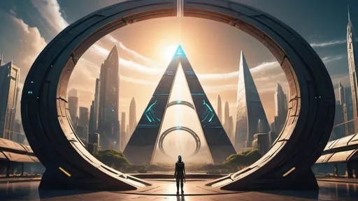 Prompt: circular stargate, gateway between worlds, interdimensional portal, ring, disc, ring standing on edge, city plaza, futuristic cyberpunk, panoramic view, floating pyramid spaceships in background