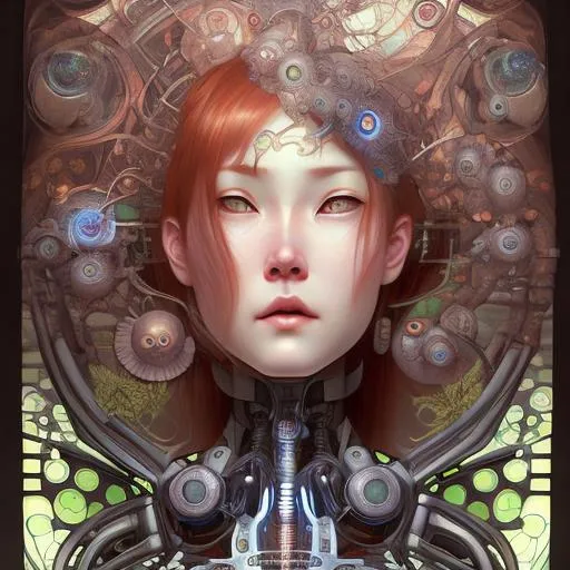 Prompt: tachikoma, beautiful face features, symmetrical face, cybernetic, hyper realistic, ethereal, sakimichan, Alphonse mucha, beautiful eyes, Akihiko yoshida, confused face, dark lighting