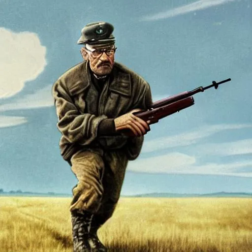 Prompt: Highly detailed refined edges colorized clear shot focused on center of attention highly realistic life-like Walter White from the show Breaking Bad wearing Infantry uniform World War II sprinting away in terror scared face holding a M19 Garand gun weapon in hands running away from mortar strike in grassy field enemy bombing smoky grey cloud area World War II battlefield