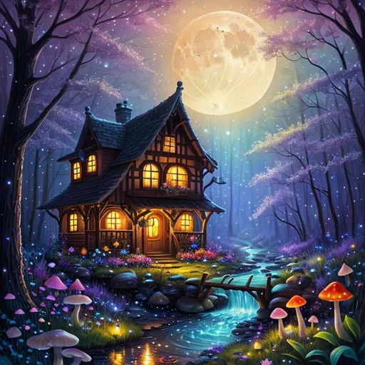 Prompt: Disney style, moon, forest, flowers, nighttime,  fairy cottage, mushrooms, bubbling stream, galaxy, art, painting, sweet, fireflies, spooky dark forest
